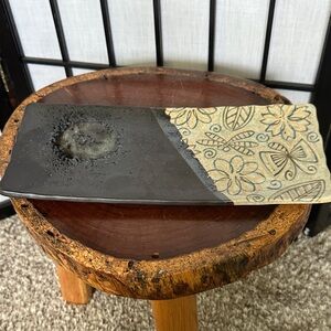 Artistic Beige and Black Decorative Rectangular Plate Handmade Dragonfly 11x5”